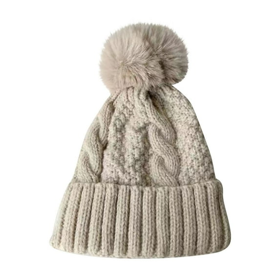 Warm Thick Cable Knit Faux Fuzzy Fur Pom Fleece Lined Skull Cap Cuff Beanie