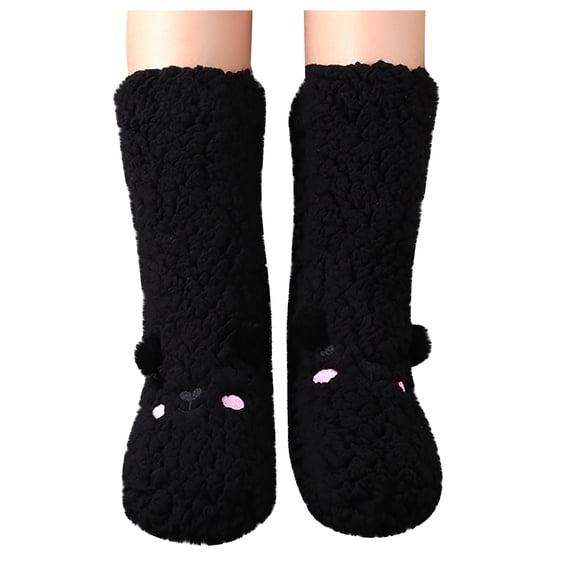 Warm Thick Knee High Socks for Women - Plush Fuzzy Sleeping Socks, Cozy Floor Slipper Socks with Soft Lining, Winter Home Lounge Boot Socks for Cold Weather Indoor Wear Black