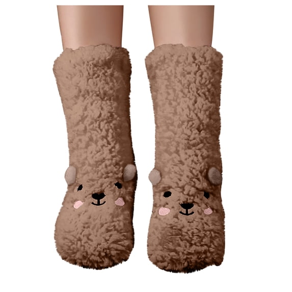 Warm Thick Knee High Socks for Women - Plush Fuzzy Sleeping Socks, Cozy Floor Slipper Socks with Soft Lining, Winter Home Lounge Boot Socks for Cold Weather Indoor Wear Khaki