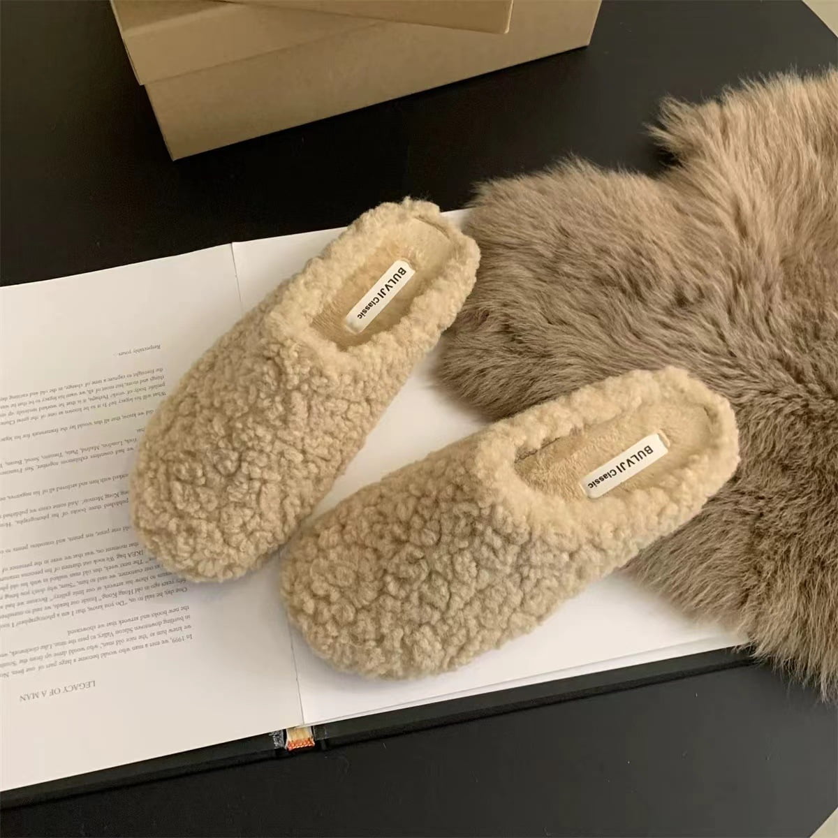 Warm Thicken Lamb Wool Slippers Women New 2024 Winter Fur Flat Mules ...
