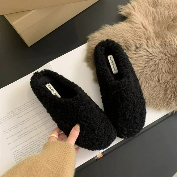 Warm Thicken Lamb Wool Slippers Women New 2024 Winter Fur Flat Mules Shoes Woman Designer Comfort Slip-on Outdoor Flat Slides (Black,37)