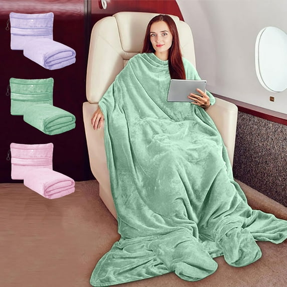 Warm Throw Blanket Solid Color Cozy Comfortable Multifunctional Packable Travel Blanket Wearable Flannel Blanket Gift for Family Friend