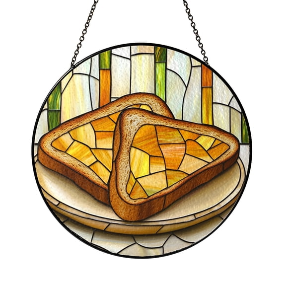Warm Toast Window Panel, Faux Stained Glass Breakfast Design for Kitchen and Home Accent Decoration