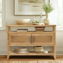 Warm Toasted Almond Console With 2 Door Concealed Storage Spaces Ample Table Natural Cane Doors -