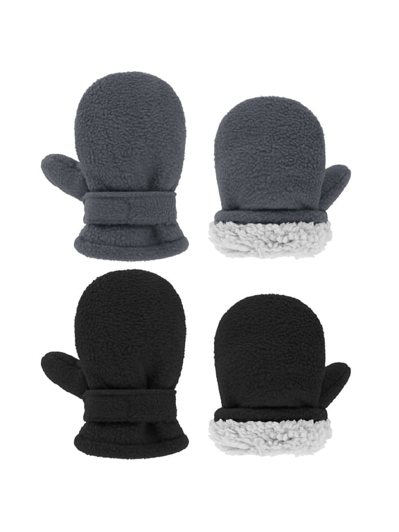 Warm Toddler Mittens Sherpa Lined Kids Winter Gloves Adjustable Infant Mittens for Girls and Boys Black & Dark Grey 12-24 months