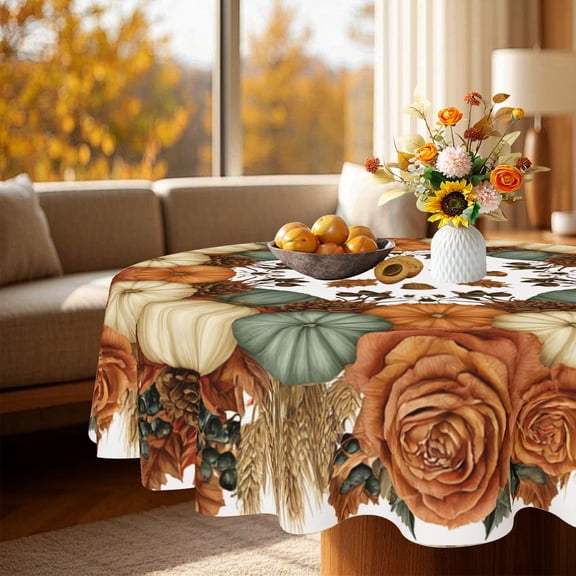 Warm Tone Fall Pumpkin Rose Botanical Print Round Tablecloth, Farmhouse Patio Holiday Party Dining Decor, Thanksgiving Christmas Gift