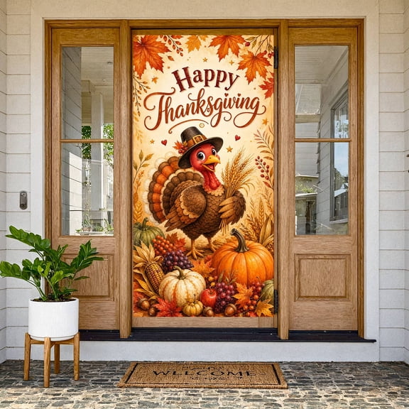 Warm Tone Happy Thanksgiving Banner Cartoon Thanksgiving Backdrop Harvest Theme Turkey Pattern Thanksgiving Door Cover for Thanksgiving Dinner Family Gathering Autumn Party