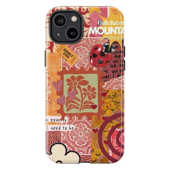 Warm Tone Ladybug & Flower Collage Phone Case, Abstract Artistic Patchwork Cover for iPhone 17 16 15 14 13 12 11 Pro Plus Mini