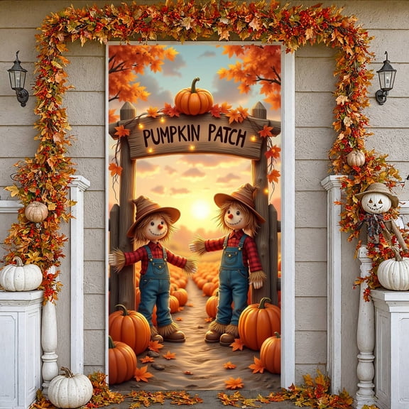 Warm Tone Pumpkin Patch Banner Cartoon Scarecrow Backdrop Maple Leaf Decor Autumn Pumpkin Background for Fall Party Thanksgiving Celebration Pumpkin Farm Event