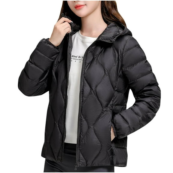 Warm Trench Coat For Women Solid Color Lightweight Down Short Hooded Long Sleeved Versatile Black Fall/Winter Outerwear Coats (M)