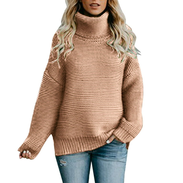 Warm Turtlenecks Women Turtle Neck Jacket Women S Autumn And Winter Solid Color Loose High Neck Knitted Long Sleeved Sweater Women Cold Shoulder Sweater Walmart