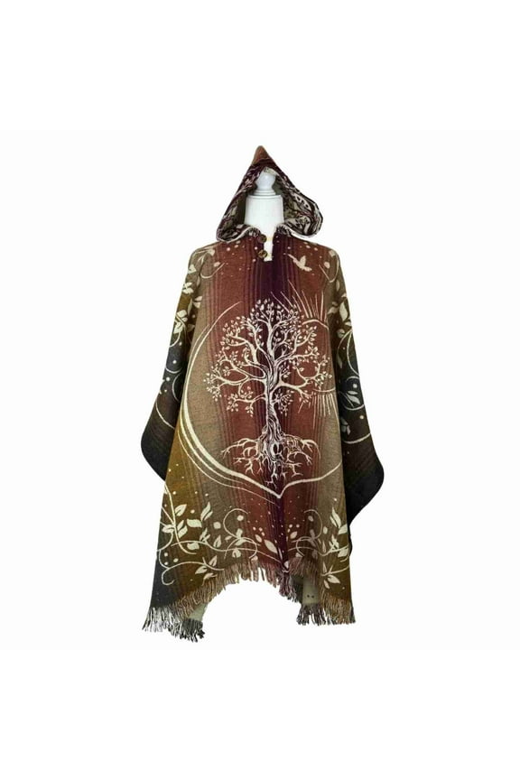 Warm Unisex Alpaca Blend Hooded Poncho, Cozy Cape, One Size, Tree of Life Earthy Colors