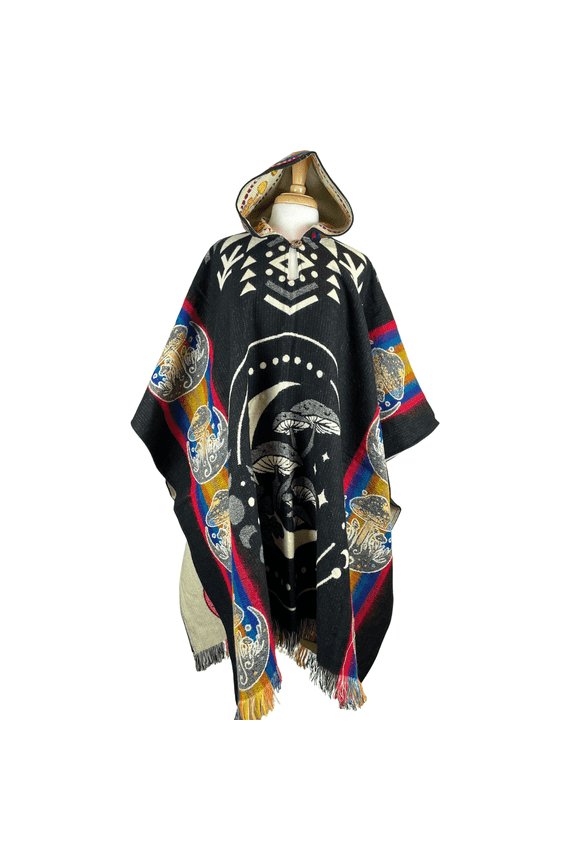 Warm Unisex Alpaca Blend Hooded Poncho, One Size, Mushroom Moon Phases, Black