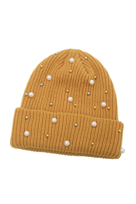 Warm Unisex Knitted Hat Travel Friendly Comfort Hat Elegant Pearls Studded Hat for Enhancing Any Outfit