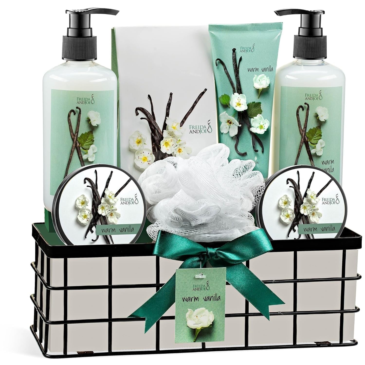 Freida and Joe Warm Vanilla 8 Piece Bath Set Gift Basket Gift Set Care Package for Women and Men ...