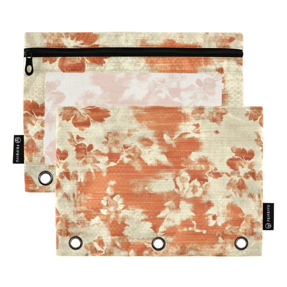 Warm Vintage Flora Patterned 2 Pack Pencil Pouch for 3 Ring Binder Smooth Zipper Folders with Pockets Clear Window Pencil Case