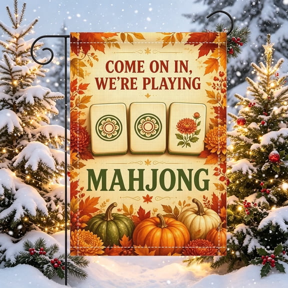 Warm Welcome Mahjong Slogan Pattern Garden Flag, 12x18 Inch, Double Sided Polyester Flag, Game Party Patio Decor, No Poles Included