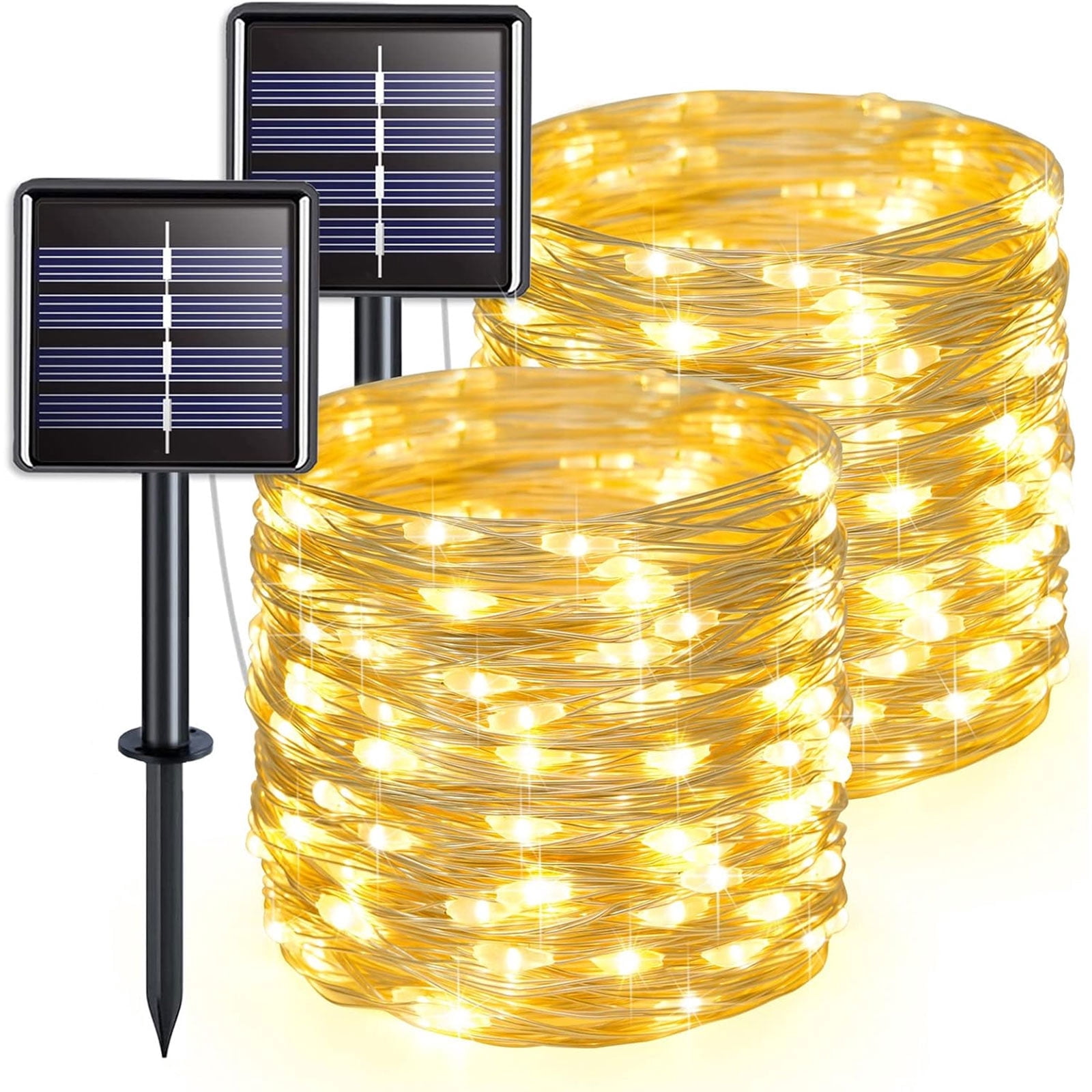 TiokMc Warm White 100 LED 33ft Solar String Lights - 8 Modes, IP65 Waterproof, Indoor Outdoor Lighting for Home, Garden, Party, Wedding (2 Pack)