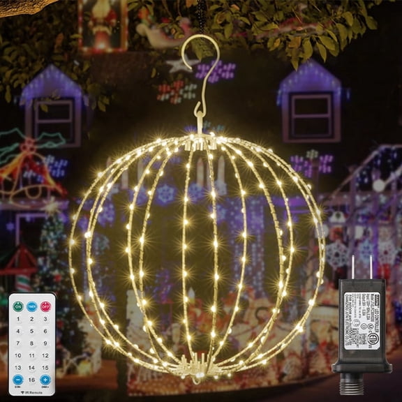 Warm White 12" LED Christmas Ball Lights, Foldable Metal Sphere Hanging Lights, Waterproof Connectable Globe Lights with Timer & 16 Light Modes for Indoor Outdoor Xmas Tree Decoration