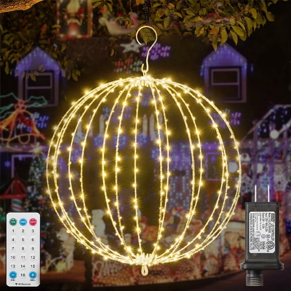 Warm White 16" LED Christmas Ball Lights, Foldable Metal Sphere Hanging Lights, Waterproof Connectable Globe Lights with Timer & 16 Light Modes for Indoor Outdoor Xmas Tree Decoration