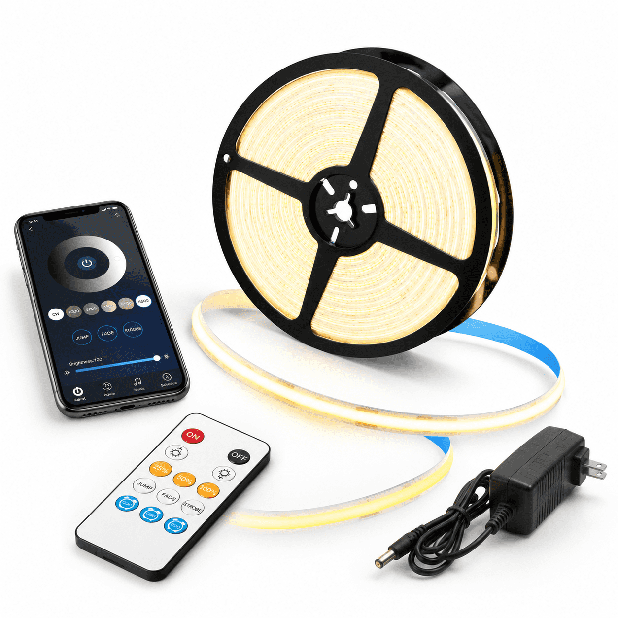 Warm White 32.8FT Dimmable Cob LED Strip Light with Remote and App ...
