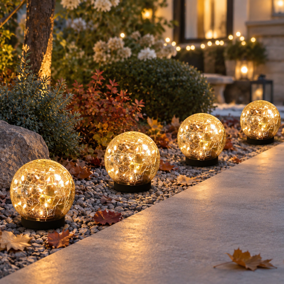 Warm White 4 Globes Solar Globe Outdoor Landscape Walkway Garden Lights