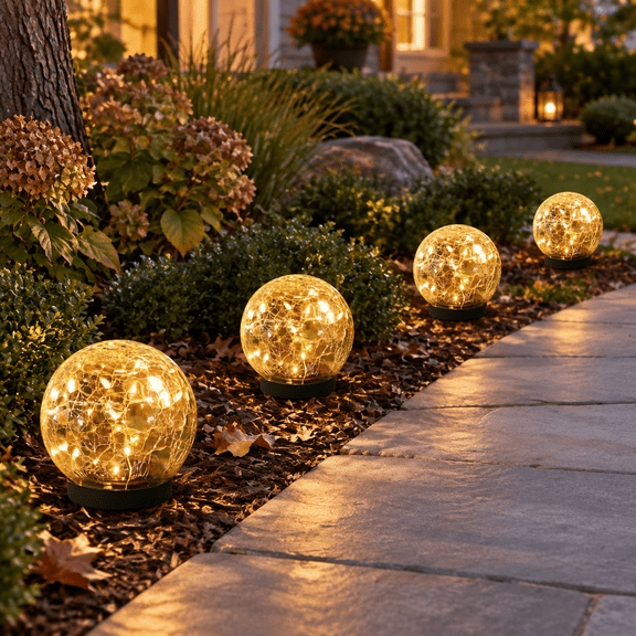 Warm White 4 Globes Solar Globe Outdoor Landscape Walkway Garden Lights