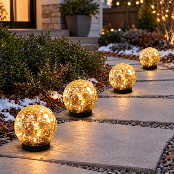 Warm White 4 Globes Solar Globe Outdoor Landscape Walkway Lights