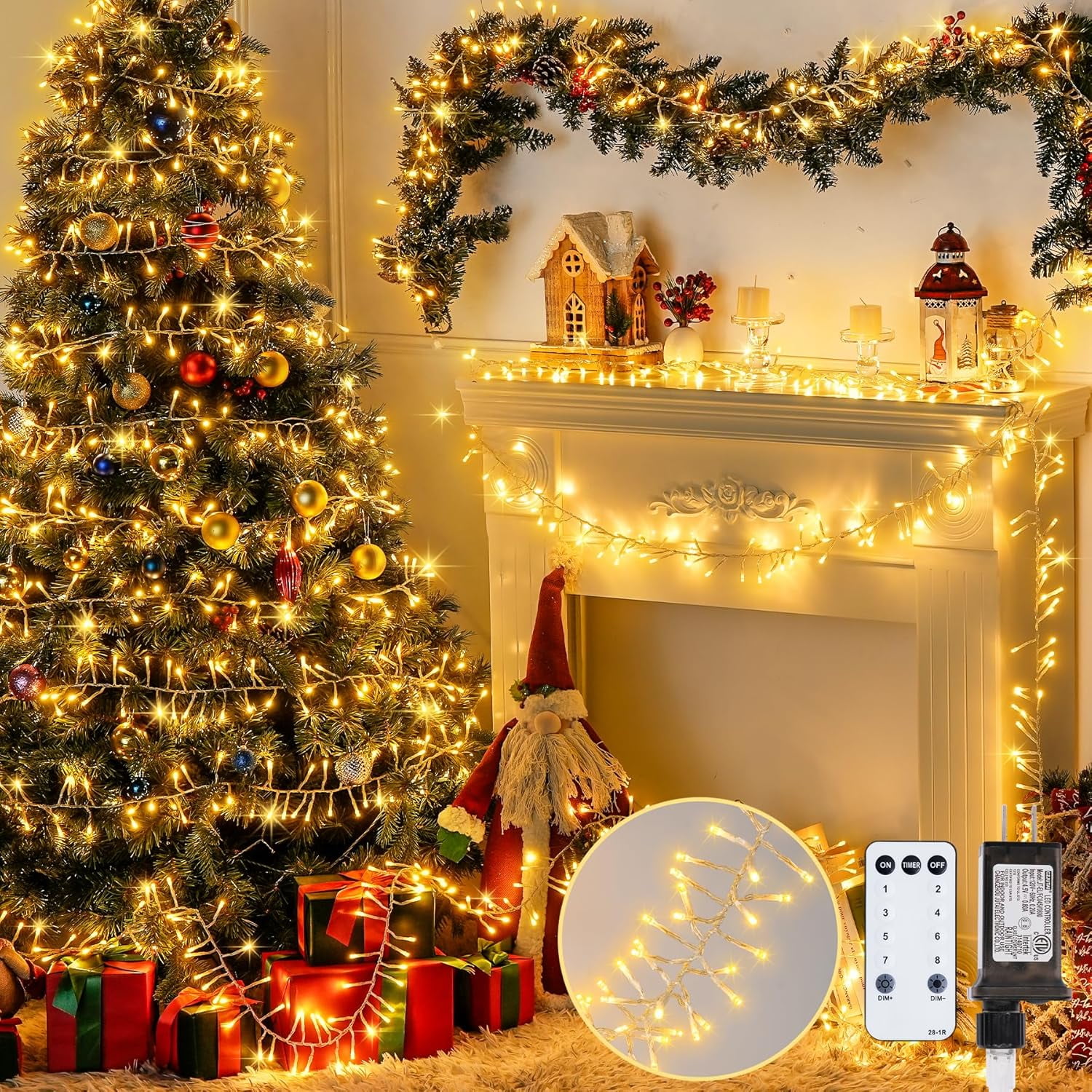 Warm White 400 LED Christmas Cluster Lights Plug in, 27ft Connectable