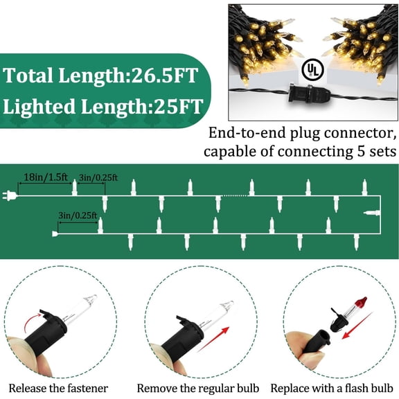Warm White Christmas Lights Outdoor, 25FT 100 Count Incandescent Mini Christmas Lights Black Wire, Waterproof Fairy Lights, Connectable Xmas String Lights for Christmas Tree, Garland, Wedding Decor