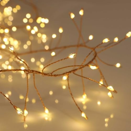 Warm White Cluster Lights on Thin Copper Wire, 200 Micro LED USB Plug in Christmas Fairy Lights, Timer, Multi Function, Memory, Brightness, Firecracker Light, Awesome Bedroom or Dorm Lighting