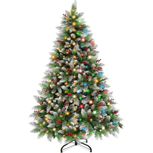 Warm White & Colorful Change Lights - 6 Ft Prelit Christmas Tree Snow Flocked Artificial Full Tree 8 Modes Pinecone Red Berries Hinged Tree Christmas Decoration Indoor Outdoor Xmas Holiday