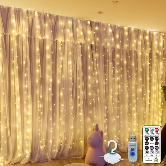 Warm White Curtain Light for , 300 9.8ft x 9.8ft Window Fairy Curtain String Light with 16 Hooks, 8 Models Remote Control for Wedding Party Garden Indoor Decorations
