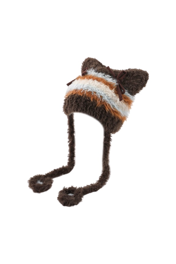 Warm White Kitten Hat with Ear Furry Caps Cartoon Ear Hat Lovely Bowknot Winter Plush Hat for Casual Wear