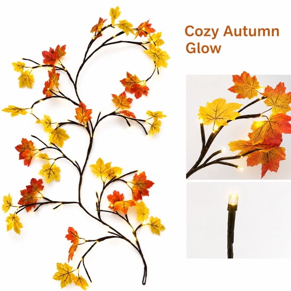 Warm White LED Branch Light 5.25 Ft Orange and Yellow Leaf Garland Decoration 72 LEDs Black Branch, Remote String Lights USB Power Bendable for Shelf