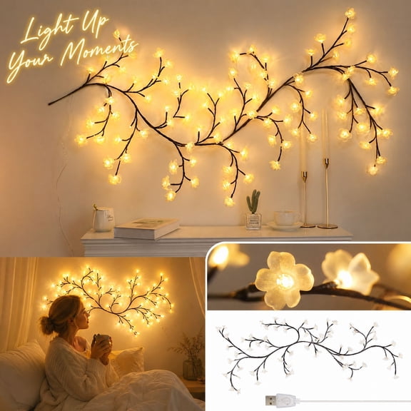 Warm White LED Branch Light 5.25 Ft Romantic Cherry Blossom Branch Lights 72 LED Peach Blossom Decoration, Romantic Bedroom Decor Lights with Timer USB Powered Floral Vine Lights