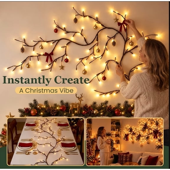 Warm White LED Branch Light Decorative Night Light, 72 LED Christmas Vine Light USB Powered, Holiday Room Decor and Bedroom Wall Aesthetic