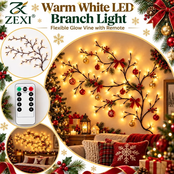 Warm White LED Branch Light Decorative Night Light, Flexible Glow Vine with Remote Control 5 Red and 5 Gold Christmas Plastic Ball Ornaments