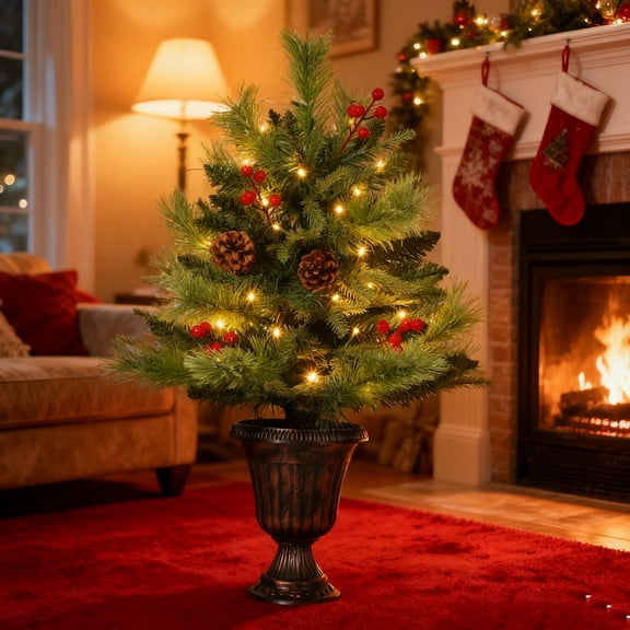 Warm White LED Pre-Lit Mini Christmas Tree with Pine Cones and Red Berries, Small Artificial Tabletop Tree for Home and Office Holiday Decoration