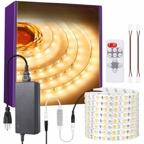Warm White LED Strip Lights Kit 3000K, 16.4ft Dimmable Tape Light with Controller, 12V Power Supply, 600 LEDs/Reel, 300LM/Feet, Flexible Rope Lights for Bedroom, Under Cabinet, UL-Listed