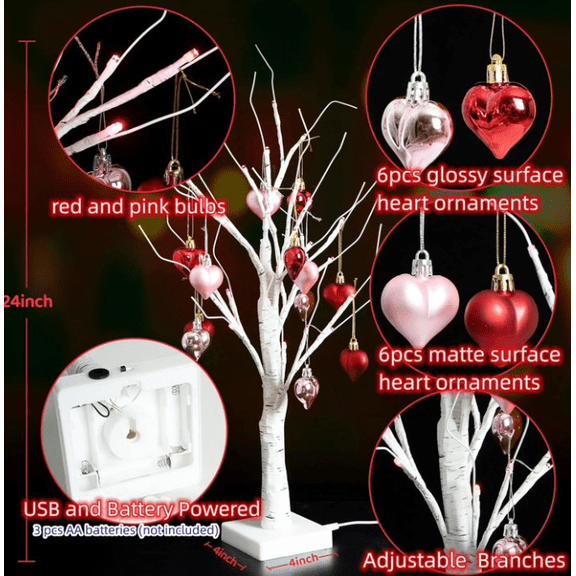 Warm White LED Valentine's Day Tree with 18 Heart Shaped Ornaments - 24 Inch Adjustable Birch Tree Light for Tabletop, USB and Battery Powered Romantic Decor for Home, Office, and Special Events