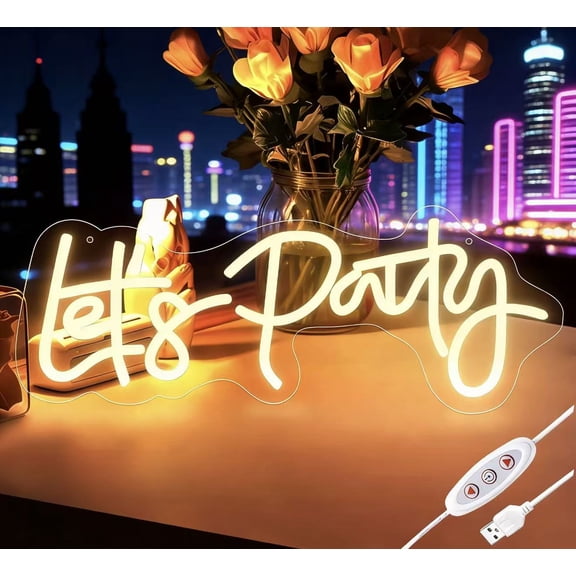 Warm White Let's Party Neon Sign 5V USB Dimmable Illuminated Letter For Room Home Decor Wall Hanging Light For Birthday Graduation Party Gift