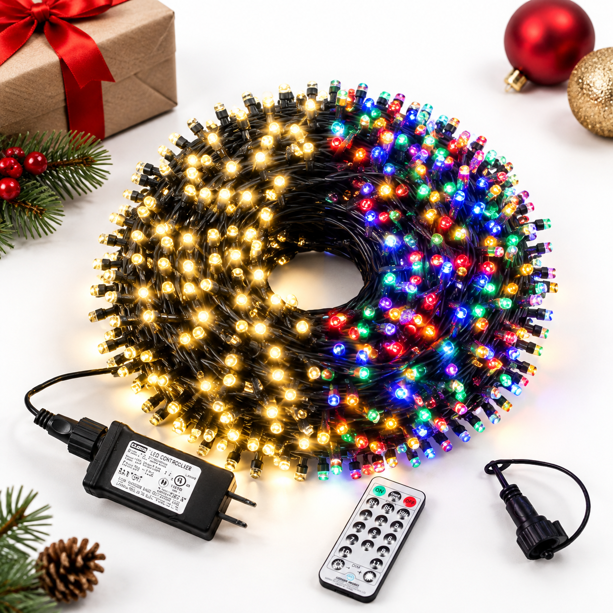 Warm White + Multicolor 105 FT LED Holiday String Lights with 300 Bulbs ...