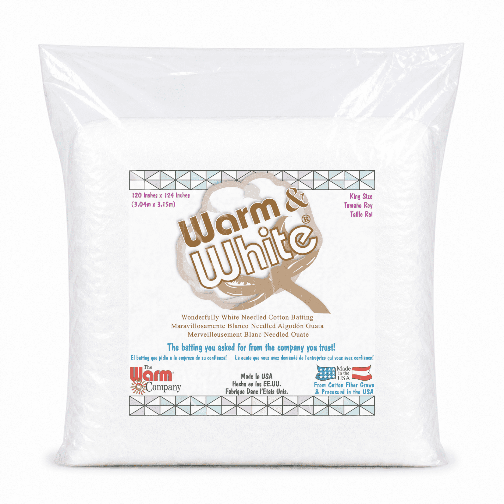 Warm & White Cotton Batting King Size 120'' x 124'' Precut