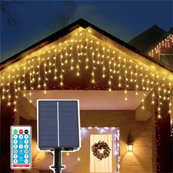 Warm White Solar Curtain Lights, 256 LED Waterfall Lights, 8 Lighting Modes, Remote Control, Solar Dimmer, Timer Function, Sparkling Fairy String Lights, Suitable for Outdoor