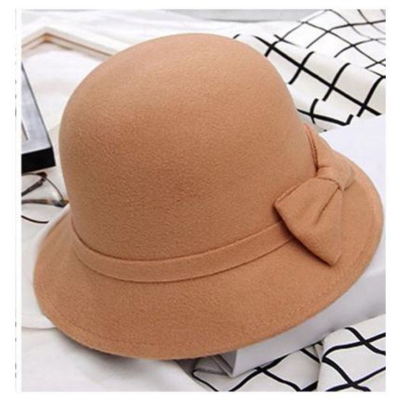 Warm Wide Brim Woolen Fedora Hat for Women Bowknot Decor Elegant Autumn Winter Beige