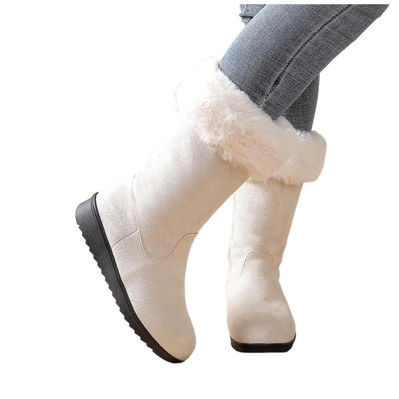 Warm Winter Boots for Women Fleece Lined Mid Calf Boots for Women Comfortale Side Zipper Snow Boots Walking Outdoor Round-Toe Boots