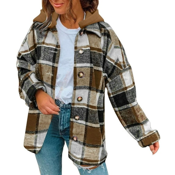 Warm Winter Coats For Women Long Sleeve Button Down Plaid Shirts Flannel Hooded Shacket Hoodie Zip Up Jacket Ladies