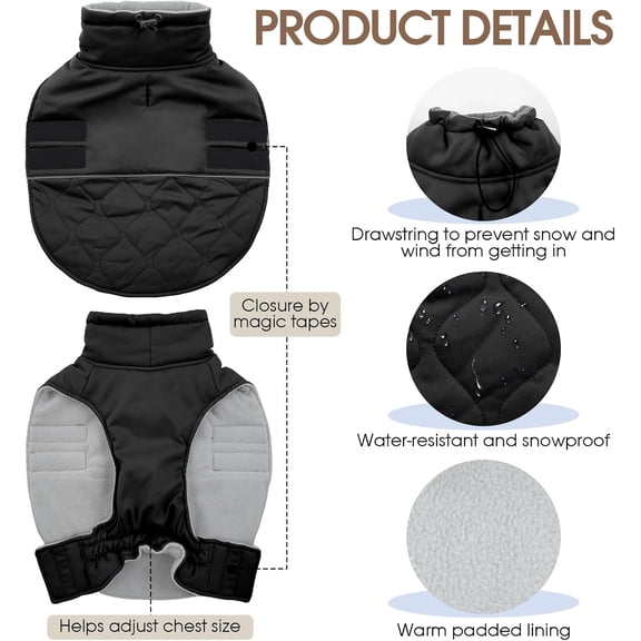 Warm Winter Coats for Large Dogs Windproof, Fleece Lined Dog Jacket Waterproof Snowsuit, Thermal Doggy Vest Adjustable Snow Outfits Cold Weather (Black, 3XL)