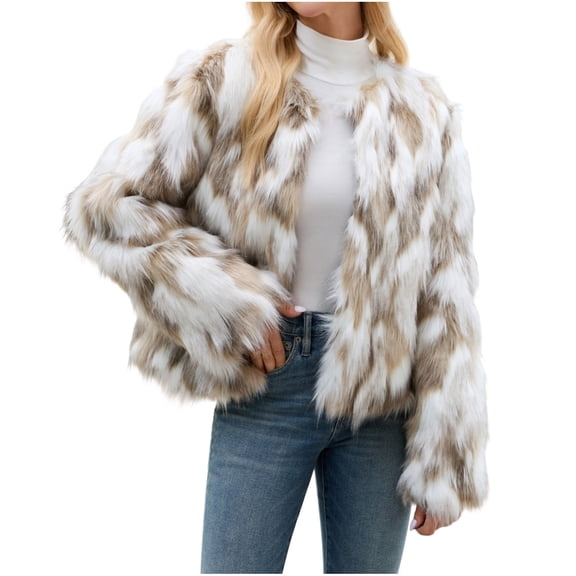 Warm Winter Coats for Women Long Sleeve Color Block Outerwear Fall Faux Fur Jacket White 2XL